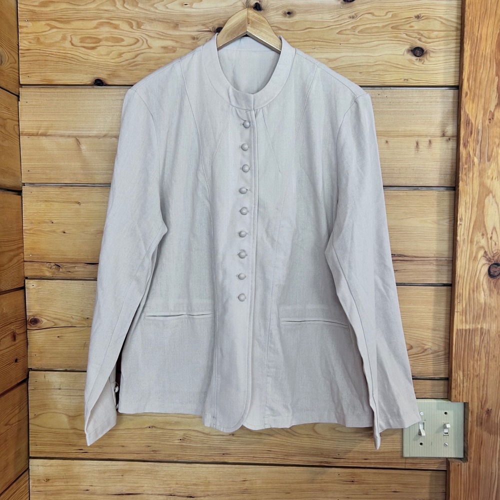 Vintage Linen Mandarin Collar Jacket Womens Large Oatmeal Beige Minimalist MCM